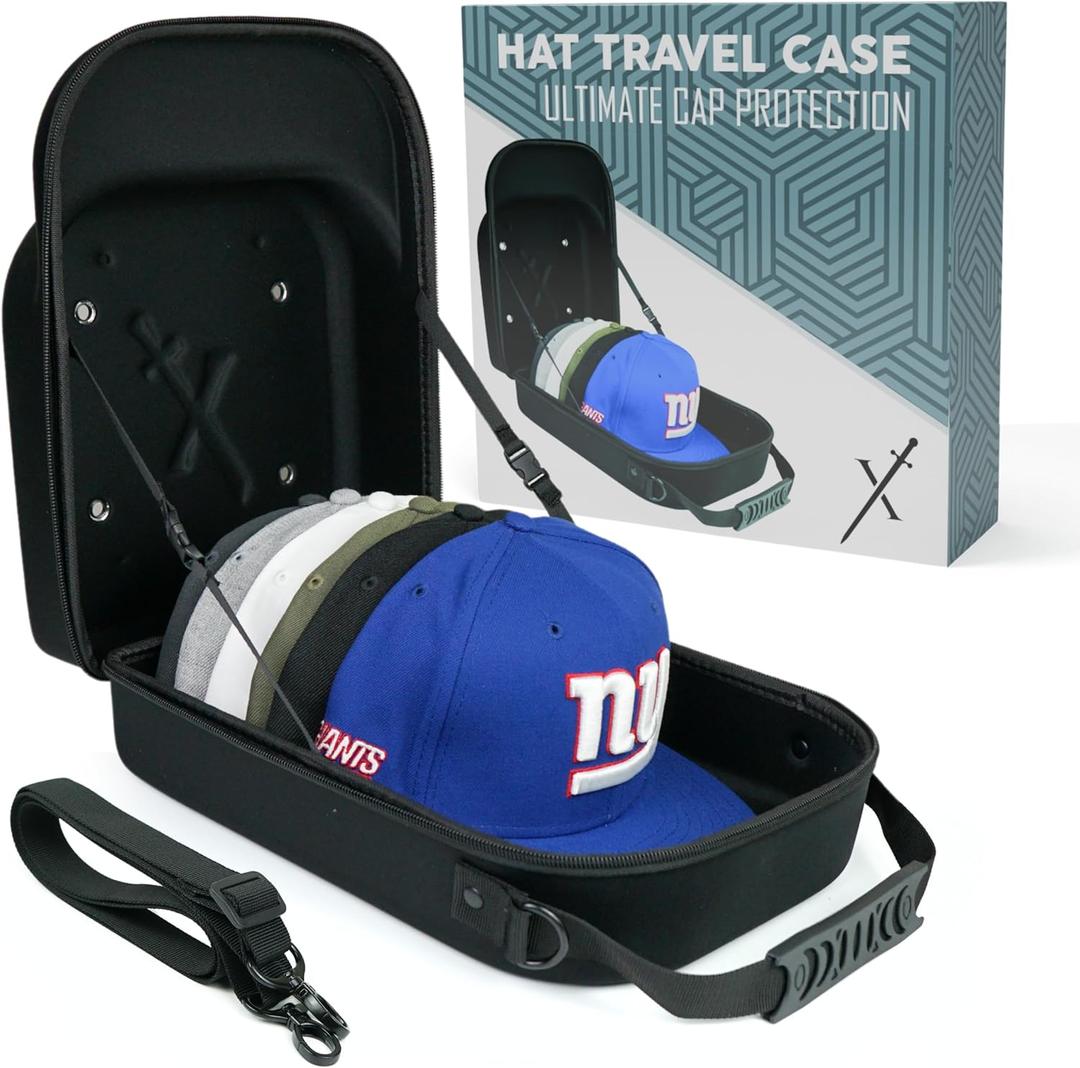 Hat Travel Case for Baseball Caps  Hard Shell Travel Hat Case with Carrying Handle & Adjustable Shoulder Strap  Baseball Hat Holder  6 Hat Capacity  Travel Accessories for Men  Black Hat Caddie