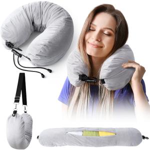 Stuffable Neck Pillow for Travel, Neck Pillow for Extra Luggage Storage Ideal 1-3 Days Travel Essentials, Adjustable U-Shapes Airplane Pillow Size, Soft Velvet Cover, No Filler, Grey