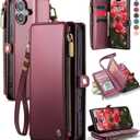 Defencase Compatible with iPhone 17 Case Wallet with RFID Blocking Card Holder for Women and Men, Fashion PU Leather Magnetic Snap Flip Zipper Strap Wallet Phone Case for iPhone 17 6.3", Wine Red