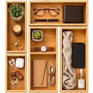 ABABIL Bamboo Drawer Organizer Set of 5, Wooden Storage Tray Inserts for Kitchen, Bathroom, Office, Makeup, Jewelry, Utensils, Desk Accessories and Vanity Drawers, Brown