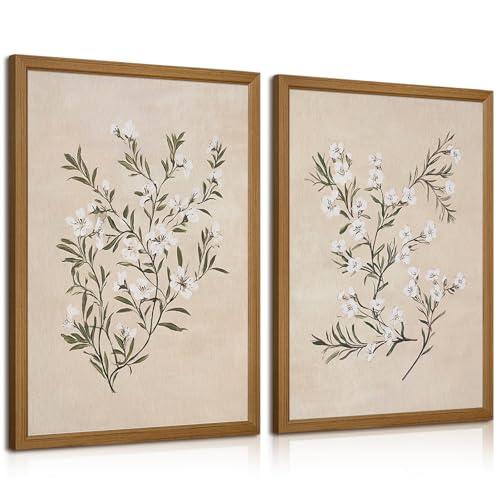 Vintage Botanical Wall Art Neutral Floral Prints Farmhouse Flower Canvas Wall Decor Watercolor Wildflower Pictures Nature Minimalist Artwork for Living Room Bedroom 12x16 Inch Wood Framed Set of 2