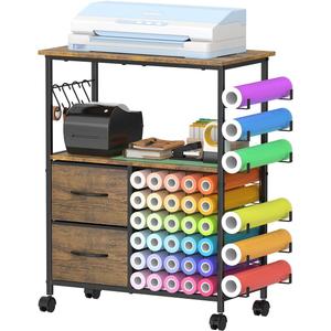 Storage Cart Compatible with Cricut, Roll Holders with 2 Drawers, Rolling Craft Cabinet Table for Accessories Holder,Tool Hook for Craft Room Home