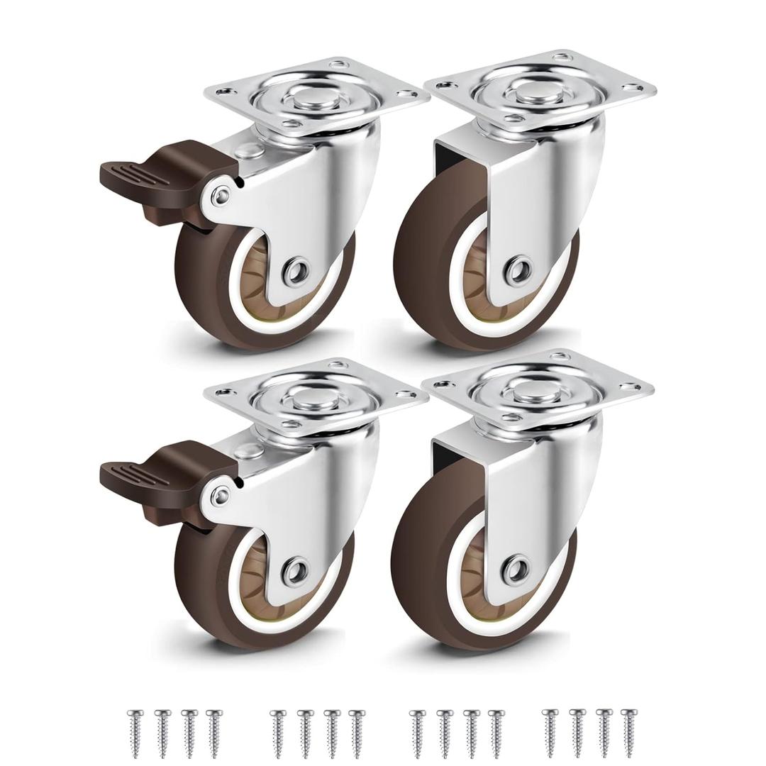Nefish 2 Inch Swivel Caster Wheels for Furniture Rubber Casters Set of 4 Heavy Duty of 600 Lbs No Noise Locking Plate Castors for Cabinet, Table, Workbench (2 with Brake and 2 Without)