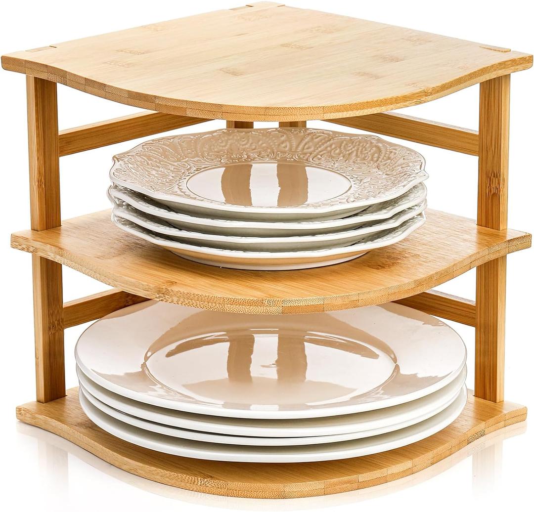 Goaste 3-Tier Bamboo Corner Shelf, Kitchen Countertop Storage Organizer, Cabinet Plate Rack for Pantry Organization, Bathroom, Desktop, 9.5 x 9.5 x 9.5 Inch