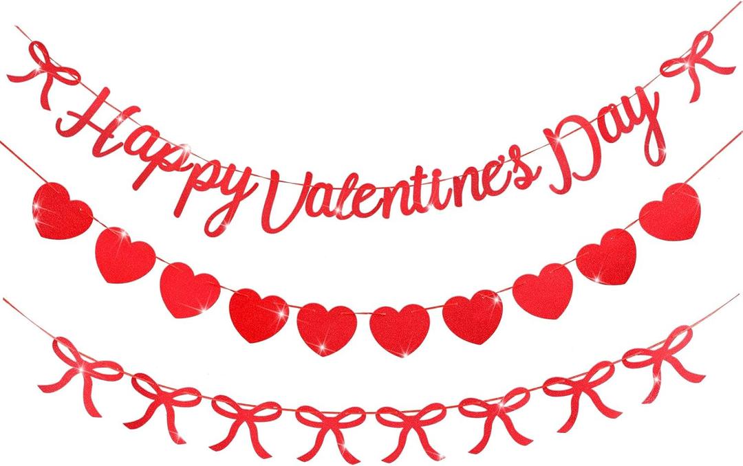 Hahafelt Valentine's Day Decorations, 3 Pcs Glitter Heart Valentines Paper Garland Banner, Valentines Backdrop Banner for Door Wall Classroom School Home, Mantel, Wall, Office, Party Favors