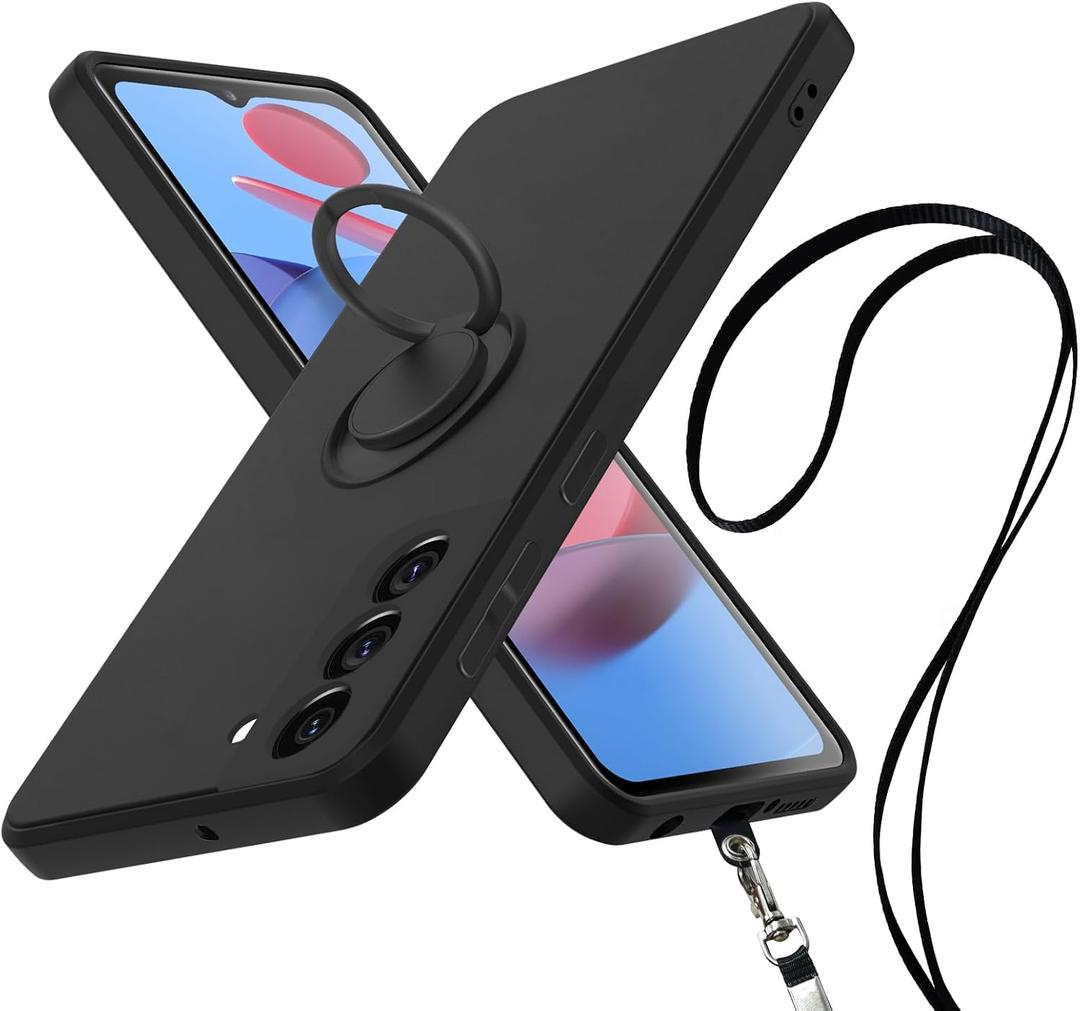 Designed Samsung Galaxy S22 5G Case, Silicone with 360Ring Kickstand Holder Lanyard Soft Silk Microfiber Cloth Fully Cover Women Men Protective Shell -7(Black, S22)