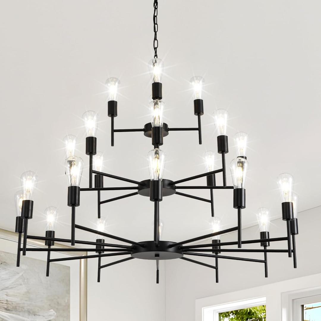 Modern Farmhouse Chandelier 24 Light Large Black Chandeliers for Dining Room Light Fixture, Round Iron Candle Chandeliers 3-Tier 42for High Ceilings Foyer Living Room Entryway Hallway, E26