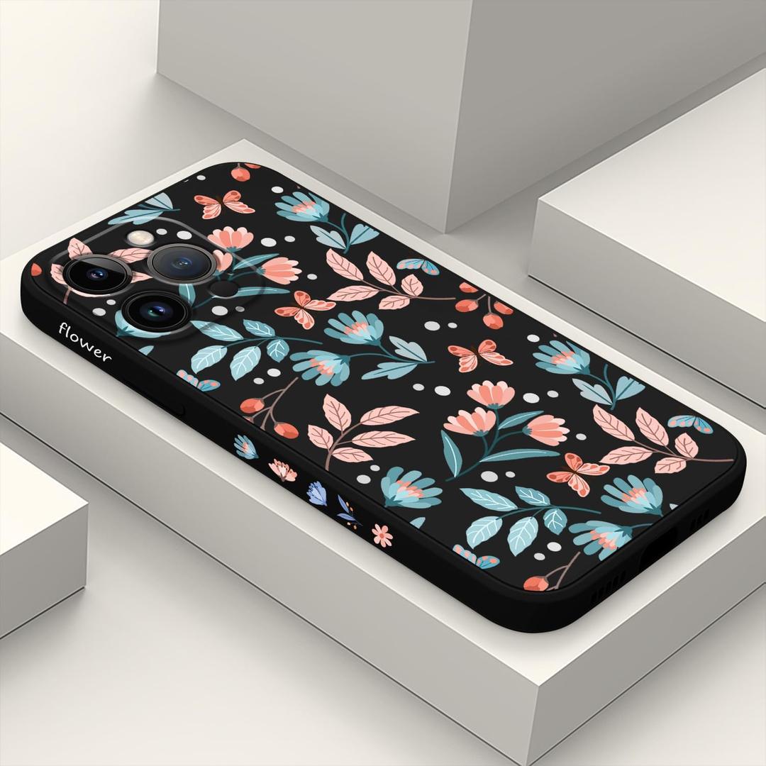 LEECG for iPhone 12 Pro Max Case Fashion Flower Slim Soft Liquid Silicone Rubber Phone Cover for iPhone 12 Pro Max 6.7 inch-Leaf Black