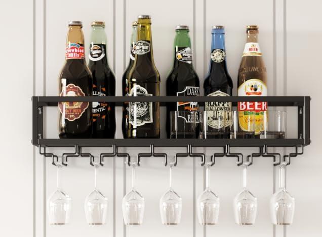 MAIKAILUN Wall Mounted Rack Black with Glass Holder 30in Metal Bottle Holder Hanging Multi-Functional Storage Display Rack for Home Bar Dining Room Kitchen (Black, 1-Tier)