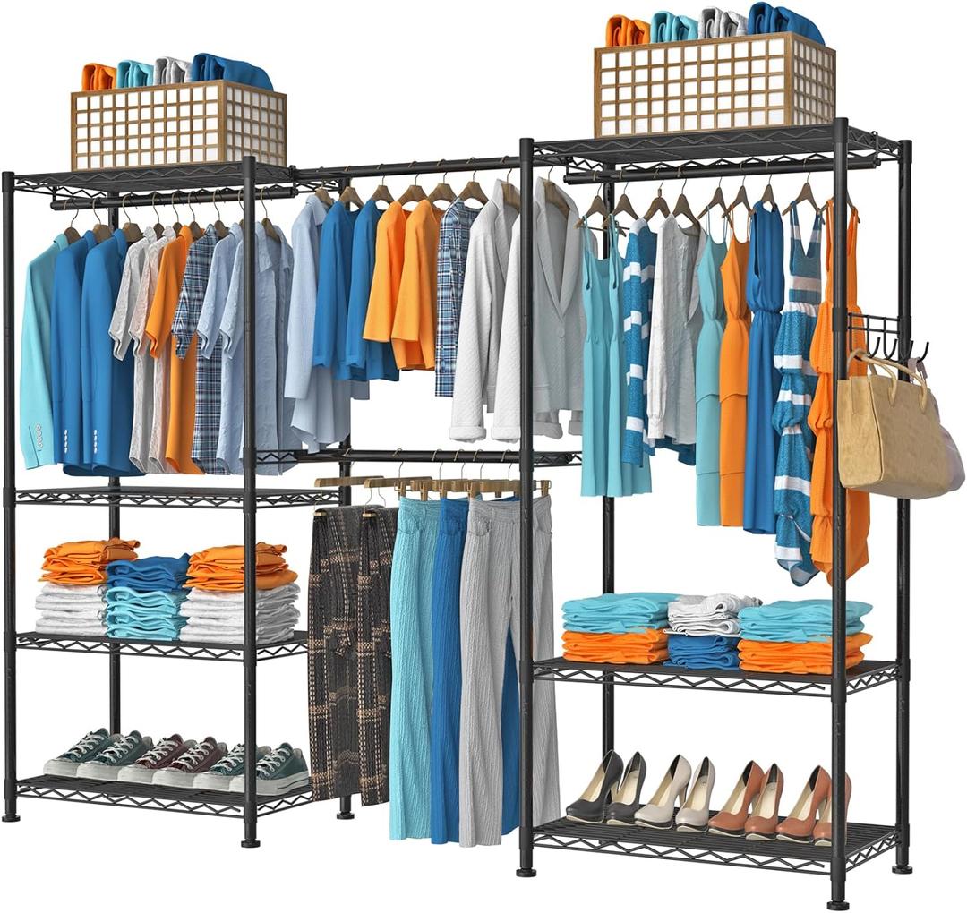 Clothes Rack for Hanging Clothes, Adjustable Heavy Duty Clothing Rack with 4 Hang Rods & 7 Shelves, Load 800LBS, 70.47" L x 13.58" W x 76.77" H, Black