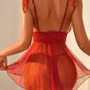 OYOANGLE Women's 2 Piece Polka Dots Lace Sheer Mesh V Neck Babydoll Teddy Lingerie Set (Red, XXL)