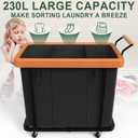 230L (60 Gal) Extra Large Fashion Laundry Sorter 3 Section with Lid, Rolling Laundry Basket Hamper with Handle, Laundry Organizer Storage Cart with Sturdy Metal Frame for Laundry Room, Hotel, Black