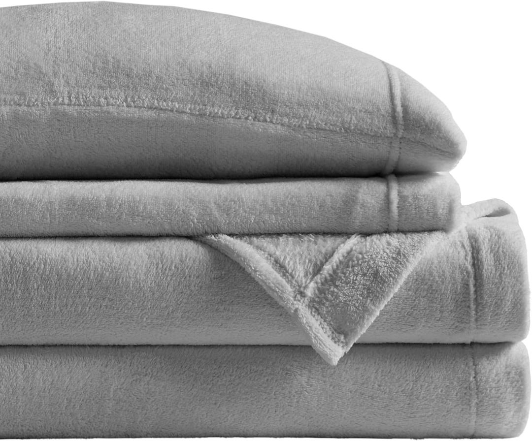 True North by Sleep Philosophy Plush Sheet Set Queen, Solid Color, Warm & Soft Bedding Queen Size Sheets, Fitted Pocket Fits Up to 16" Mattress, Soloft, Queen, Grey, 4 Piece