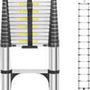 Telescoping Ladders 15.5 FT Aluminum Ladder - One-Button Retraction Collapsible Extension Ladder for Home,RV,Attic & Loft, Lasts 330 LBS with 2 Triangle Stabilizers and 2 Detachable Hooks