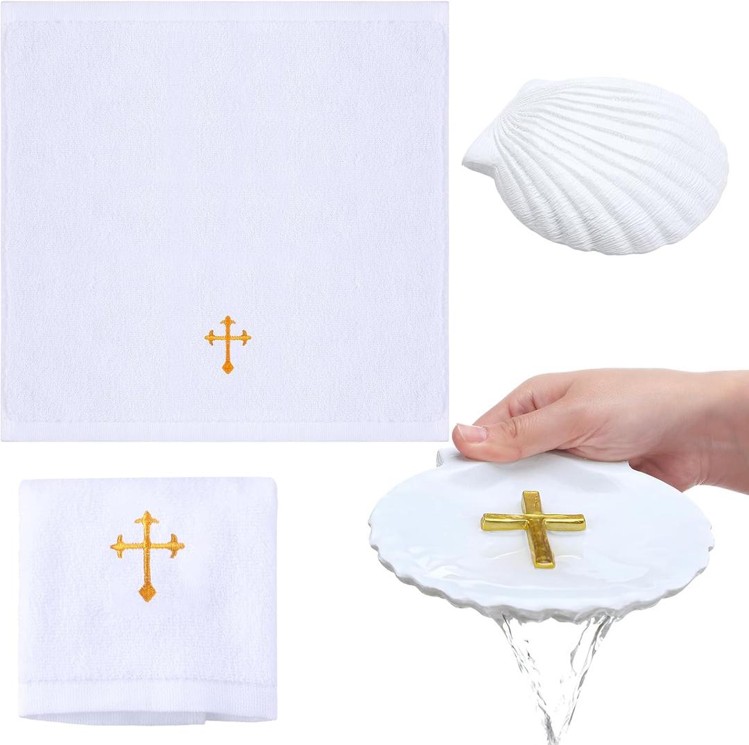 Baptism Towel with Baptism Shell Set Include Baptism Cloth Christening Towel with Embroidery Cross Shell Baptism Bowl Baptismal Gifts for Baptism Activity Party
