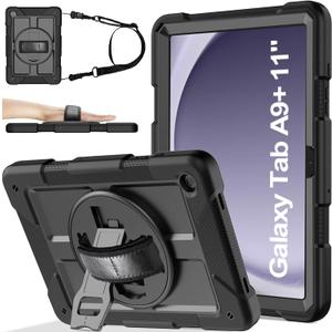 BMOUO for Samsung Galaxy Tab A9+ Plus Case 11" 2023 (SM-X210/X216/X218), Shockproof Galaxy Tab A9 Plus Case with Rotating Stand and Hand/Shoulder Strap, Black