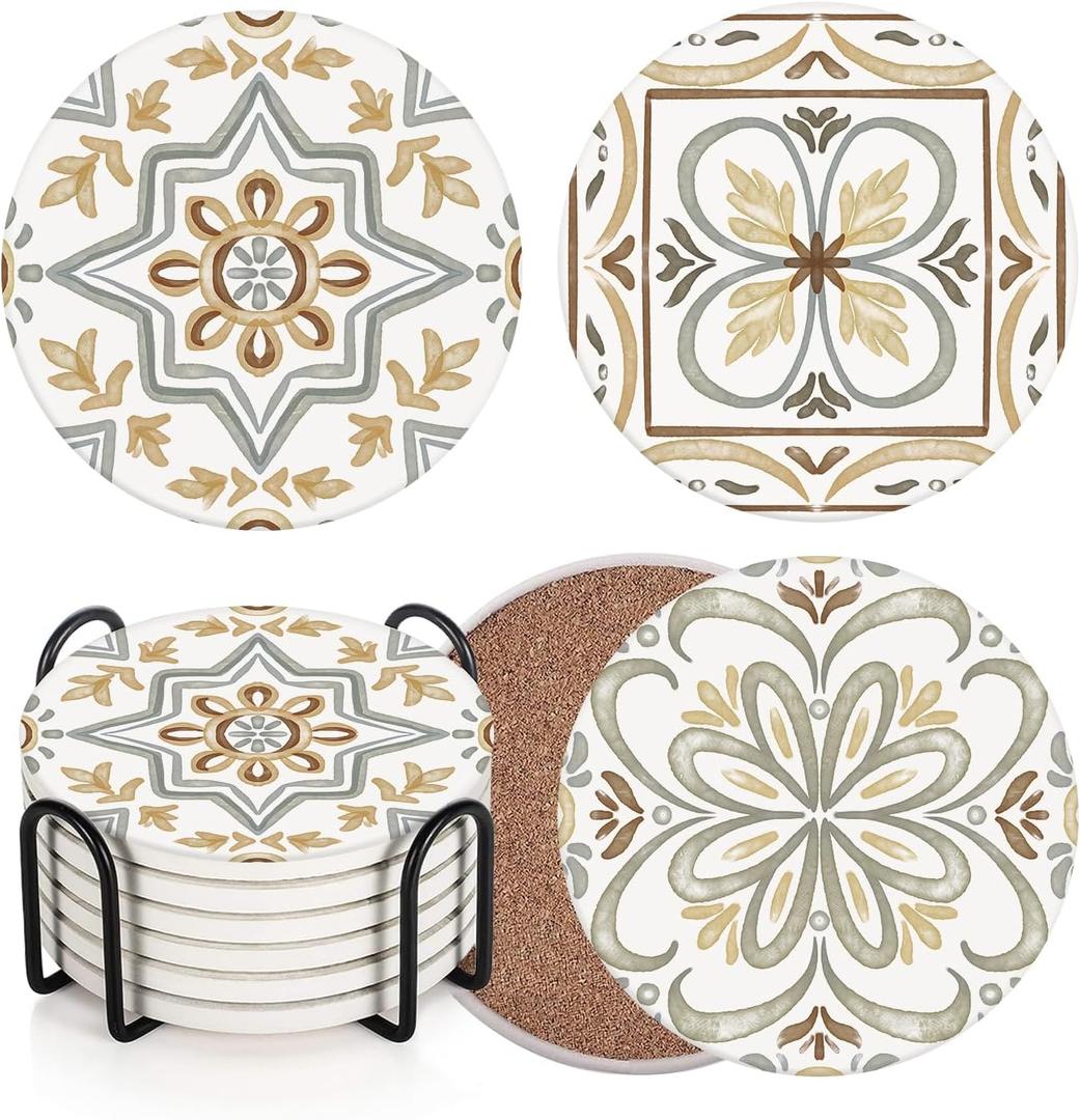 Coaster for Drinks Set of 6, Ceramic Gray Moroccan Talavera Absorbent Round Ceramic Stone Mat, with Cork Base and Metal Holder, Gift for Housewarming Room Bar Decor (Tiles)