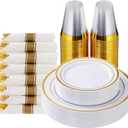 Goodluck 175 Piece Gold Plastic Dinnerware Set for 25 Guests, Fancy Disposable Plates for Party, Include: 25 Dinner Plates, 25 Dessert Plates, 25 Pre Rolled Napkins with Gold Silverware, 25 Cups
