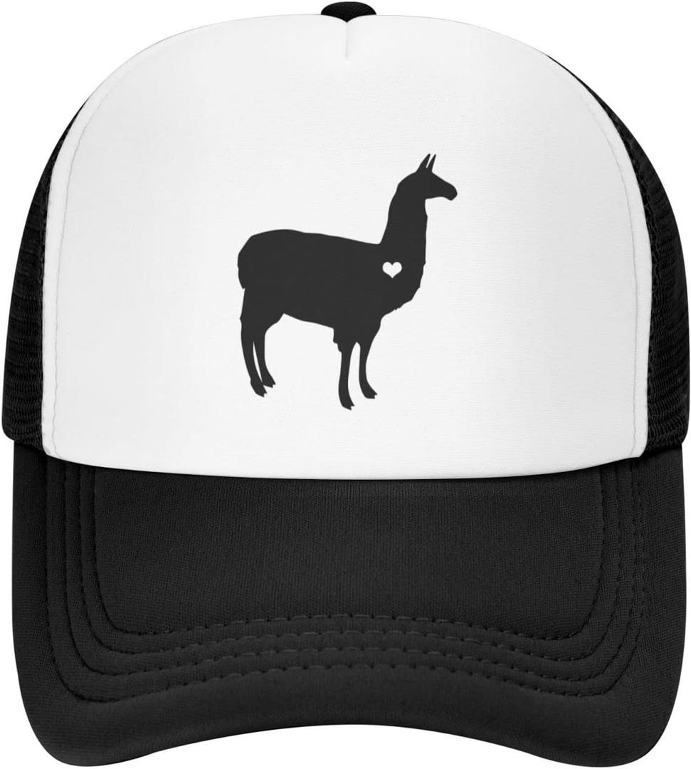 Llama Alpaca Silhouette Mesh Baseball Cap, Heart Adjustable Trucker Hat Snapback Dad Hat for Men Women (One Size, Black)
