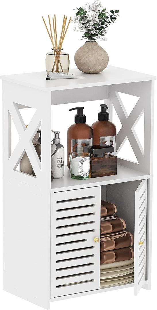 BYFU Bathroom Storage Cabinet, 3-Tier Small Floor Cabinet Freestanding Organizer with Door and Shelf for Living Room Hallway Kitchen Small Space, White