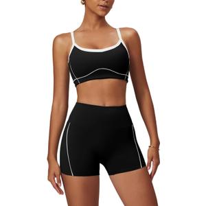 Workout Sets for Women 2 Piece Contrast Panel Sports Bra Tummy Control Butt lifting Shorts Jogger Outfits  (Small, Black)