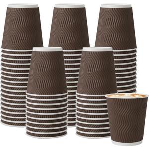 BYSNOW 150 Pack 8 oz Coffee Cups, Brown Disposable Paper Cups, Insulated Corrugated Ripple Wall Hot Beverage or Cold Drinks for Home, Party, Cafe