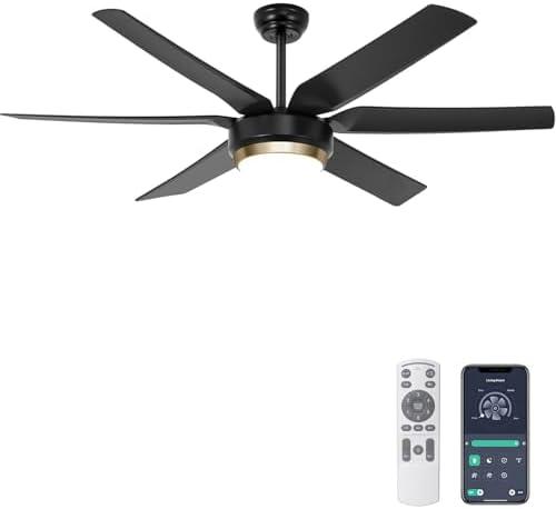 Ohniyou Ceiling Fans with Lights, 56'' Black Ceiling Fan Remote/APP Control, Dimmable, Quiet DC Motor Indoor/Outdoor Ceiling Fan for Living Room, Patios
