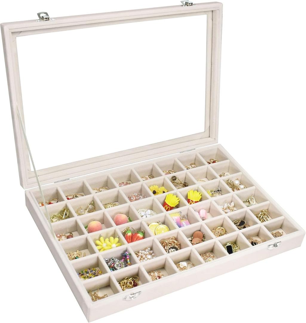 Vicoter Velvet Jewelry Tray 48 Compartments Jewelry Display Organizer with Transparent Cover Rings, Earrings, Necklaces, Pendants Storage Box for Girls, Wives, Mothers, Women (Beige)