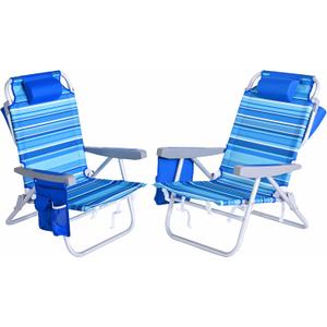 SUNNYFEEL Beach Chairs for Adults 2 Pack 5 Position Lay Flat, Portable Folding Backpack Beach Chair Heavy Duty with Cooler Bag, Cup Holder for Outdoor/Lawn/Picnic, Foldable Camping Chair (Light Blue Stripe-2set)
