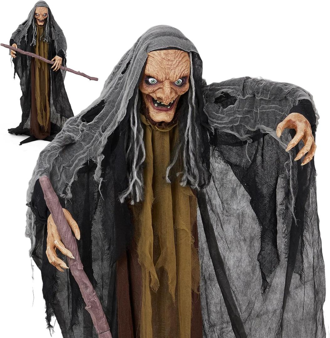 Halloween Standing Witch with Crutch Animatronics Evil,Life Size 5.3ft,Glowing Red Eyes,Witch Voice,Halloween Decoration Indoor Outdoor Touch and Sound Activated not Included Batteries