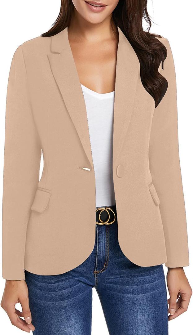 luvamia Women's Long Sleeve Formal Notch Lapel Button Down Blazer Pockets Jacket (Beige, M)
