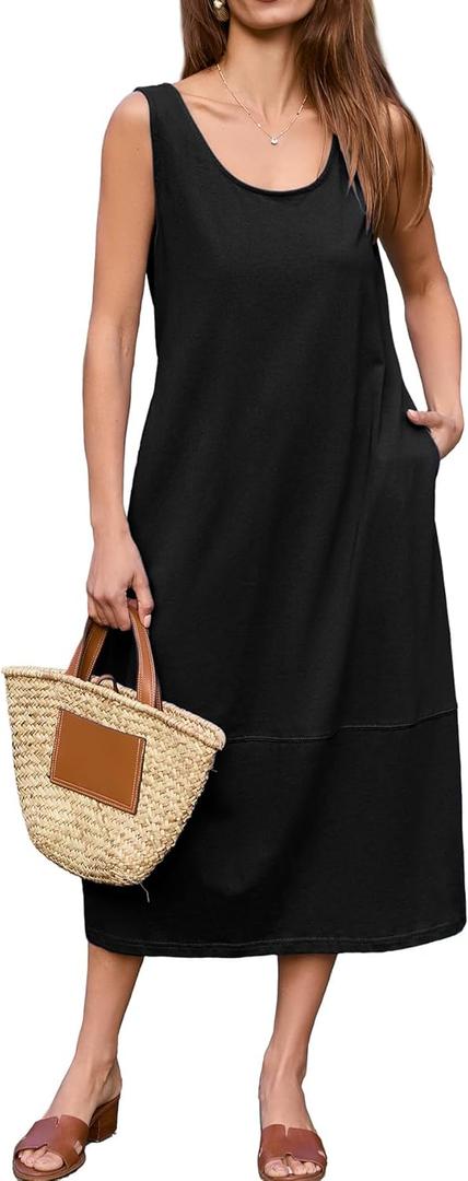 BerryGo Women's Loose Casual Midi Cotton Dresses Sundress Sleeveless Beach Summer Trendy Tank Top Dress with Pockets (Large, Black)