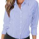 Zeagoo Womens Button Down Shirts Long Sleeve V Neck Tops Wrinkle Free Collared Work Office Solid Blouses Corset Tops (Medium, Wide Blue Stripe)