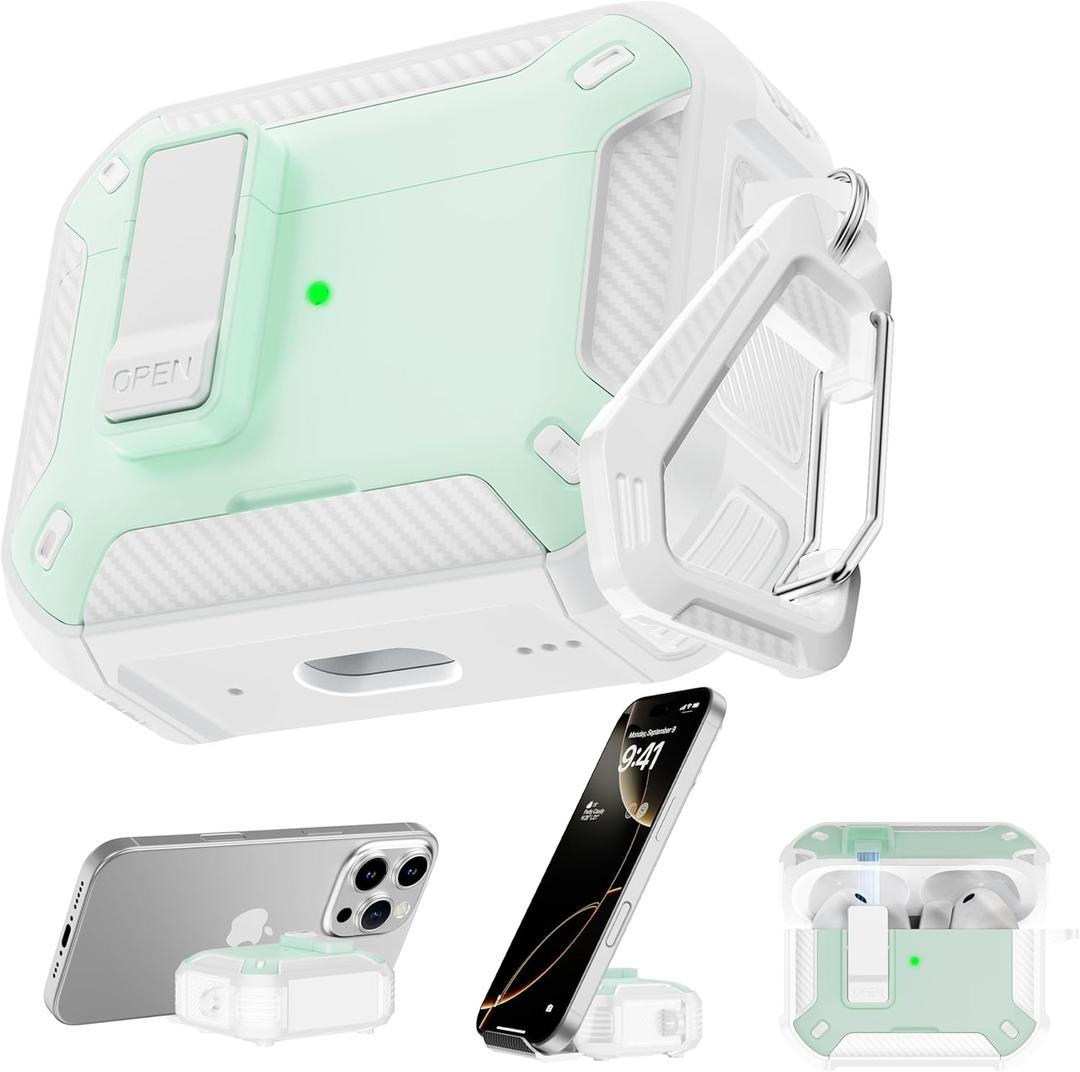 RFUNGUANGO AirPods Pro 3 Case, Compatible with Apple AirPods Pro 3rd Generation(2025) Protective Case with Phone Holder & Cleaning Kit, Magnetic Automatic Lock, Compatible with Magsafe, Mint Green