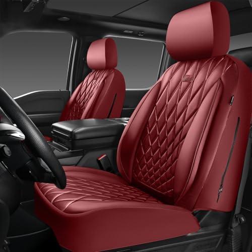 CAR PASS Piping Luxury Faux PU Leather Two Front Car Seat Covers, Waterproof Anti Slip Premium Automotive Seat Covers,Universal Fit for Suvs,Vans,Trucks, Armrest Airbag Compatible, Burgundy Red