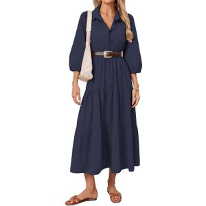 Women Button Down Maxi Shirt Dress Long Sleeve Flowy Tiered Collared Dresses with Pockets (Black, S-M)