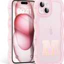 Designed for iPhone 13 Case with Personalized Initials,Cute Curly Wave Frame Shape Shockproof Soft TPU Anti-Slip Protective Phone Case Cover for Women/Girls 6.1"-Letter M(Clear/Pink)