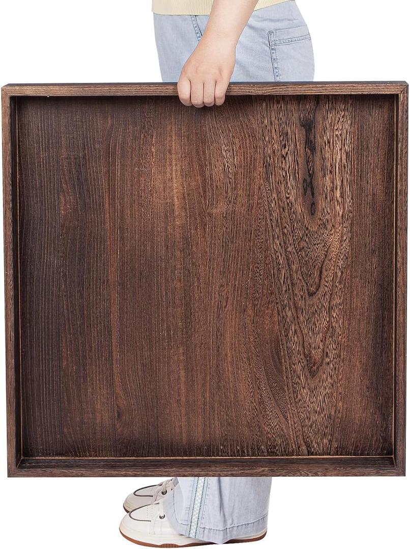 Wood Ottoman Tray, Large 24 Inches Square Rustic Brown Serving Tray