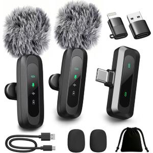 Upgraded 2 Pack Mini Clip on Microphone With LED Display, Wireless Lavalier Microphone for iPhone, HD Noise Cancelling, Portable Lapel Mic for Recording Video Podcast Vlogg Content Creator interview (Black)
