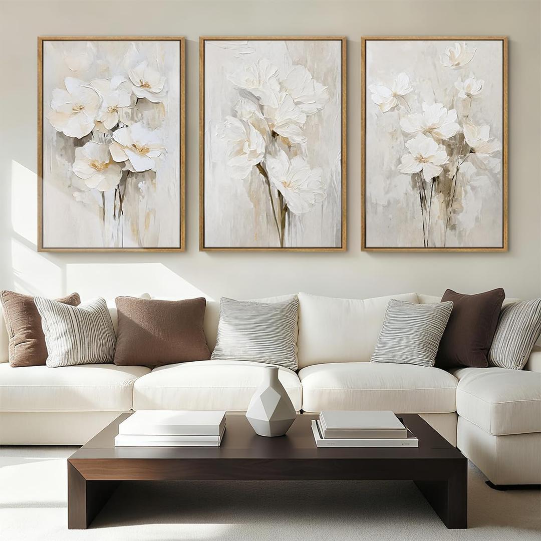 Anyzal Extra Large Beige Floral Framed Wall Art 24x36 Inch Neutral White Flower Canvas Wall Art Farmhouse Wildflower botanical Artwork for Living Room Bedroom Dining Room Set of 3