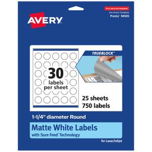 Avery TrueBlock Matte White Round Labels with Sure Feed, 1.25" Diameter, 750 Matte White Labels, Print-to-the-Edge, Laser/Inkjet Printable Labels, Great for Product Labels and Price Stickers