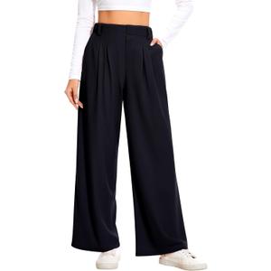 AVAMO Slacks for Women Dress Pants Stretchy Work Pants Wide Leg High Waisted Business Casual Trousers with Pockets Waffle (Medium, Black)