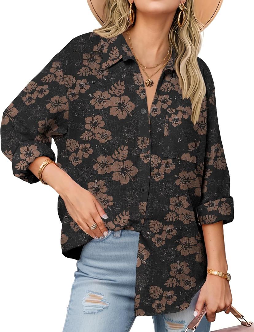 Zeagoo Womens Button Down Shirts Long Sleeve Cotton Gauze Tops Casual Collared Blouses Loose Fit (Small, Black Hawaiian)