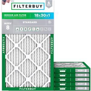 Filterbuy 18x30x1 Air Filter MERV 8 Essential Dust & Allergy Defense (6-Pack), Electrostatic Pleated HVAC AC Furnace Filters Replacement (Actual Size: 17.75 x 29.75 x 0.75)