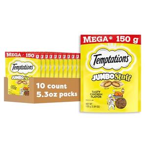 Temptations Jumbo Stuff Crunchy and Soft Cat Treats Tasty Chicken Flavor, 5.3 oz (Pack of 10) EXP:07/2025