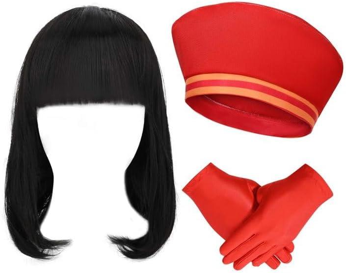 3 Pcs Cartoon Costume Accessories Red Velvet Retro Hat Bob Wig and Gloves for Men Women Halloween Cosplay Outfit