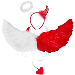 Liliful Angel Devil Wings with Headband Cute Angel Devil Dual Costume for Adults Halloween Costumes with Elastic Straps(Red, White)