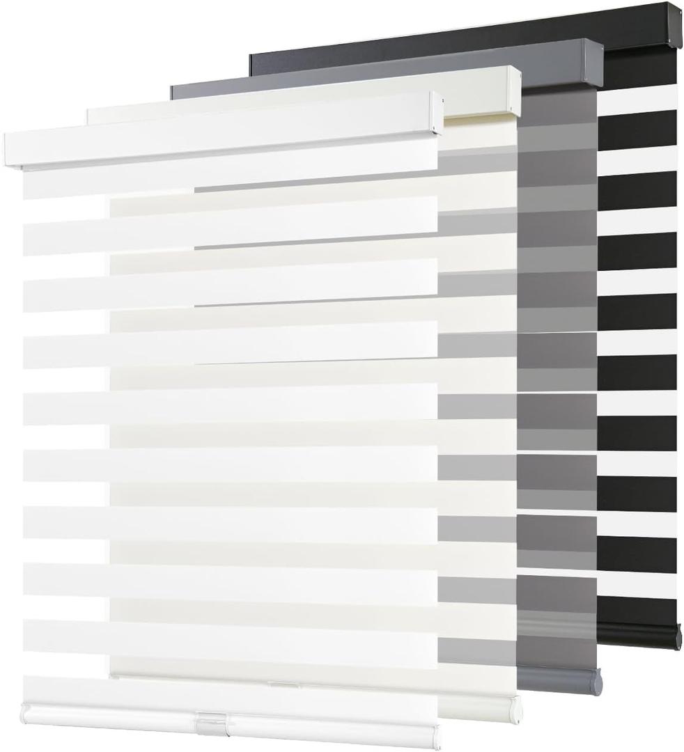AOSKY Cordless Zebra Blinds for Windows Pull Down Roller Window Shades Dual Layer Light Filtering Privacy for Day and Night, Free-Stop Door Shades for Home Easy to Install (32" W X 64" H, White)