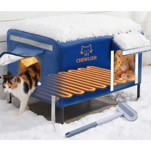 Outdoor Heated Cat House for Outside Cats Winter, 25'' Exceptional Thermal and Weatherproof, Outdoor Feral Cat Shelter with Waterproof Eaves & Magnetic Escape Door for Feral Barn Cat Kitty (Dark blue)
