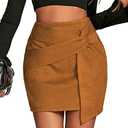 LYANER Women's Faux Suede Solid High Waist Twist-Front Zipper Mini A-Line Short Skirt Light Brown S